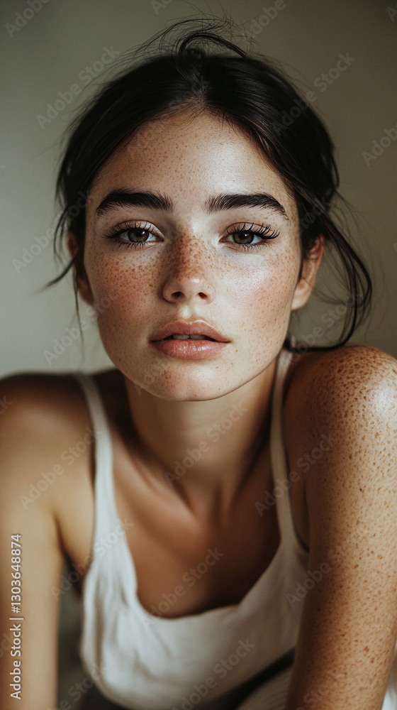 Closeup portrait of a young woman with freckles and natural makeup, gazing directly at the camera, symbolizing beauty, innocence, and natural skincare. Closeup portrait of a young woman with freckles and natural makeup, gazing directly at the camera, symbolizing beauty, innocence, and natural skincare.