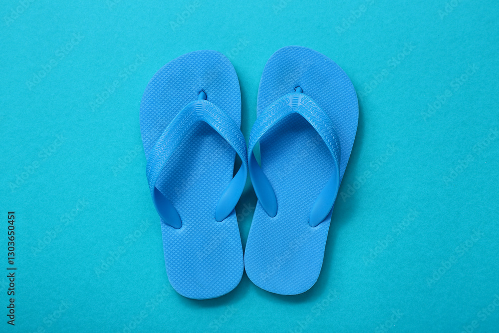 Fototapeta premium Pair of child's flip-flops on color background