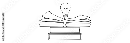 Wallpaper Mural Light bulb above book and stack of books continuous one line art drawing. Line drawing open book with lamp idea symbol. Wisdom concept. Vector illustration isolated on white. Torontodigital.ca