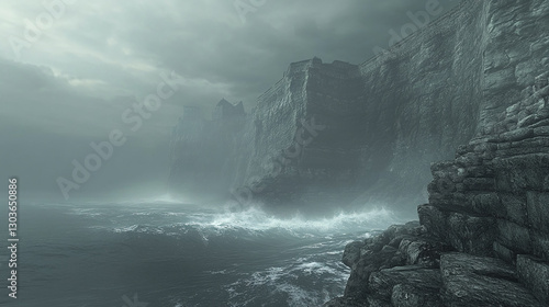 A dramatic coastal landscape with a rugged cliffside and dark, stormy waves crashing against the rocky shore, representing the raw power of nature and the untamed ocean.