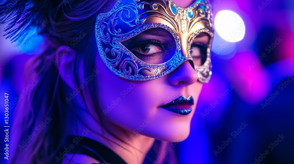 Mysterious woman in an ornate masquerade mask at a vibrant party with colorful lights Mysterious woman in an ornate masquerade mask at a vibrant party with colorful lights