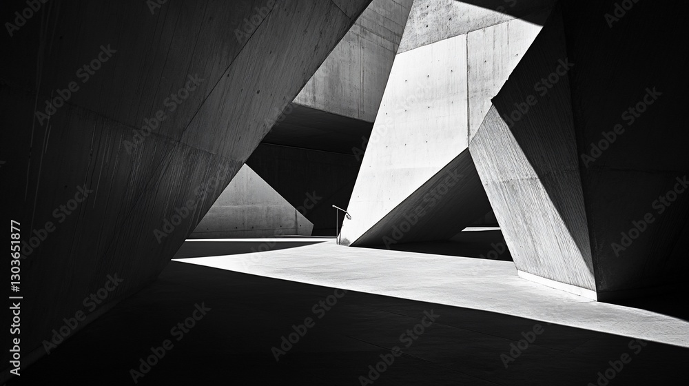Fototapeta premium Black and white abstract architectural structure featuring geometric shapes and light play