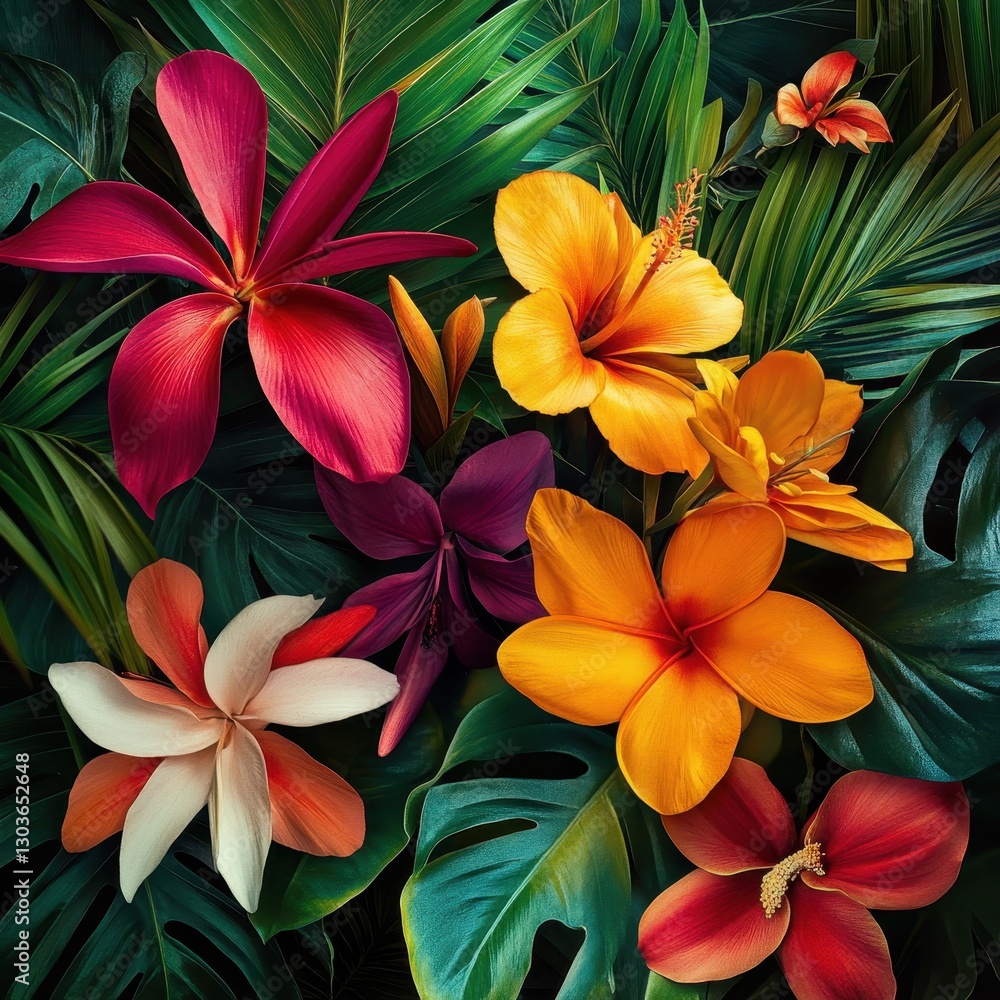 Fototapeta premium Tropical Floral Arrangement: Vibrant Hibiscus, Plumeria & Exotic Greenery
