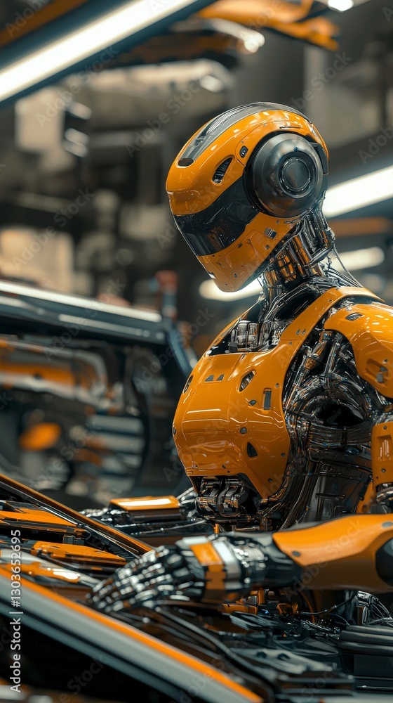 Orange and metallic robot working in a tech workshop Orange and metallic robot working in a tech workshop