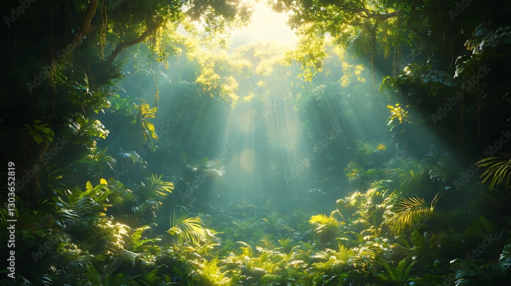 Fototapeta premium Sunbeams pierce lush jungle canopy, vibrant foliage, mystical background, nature scene