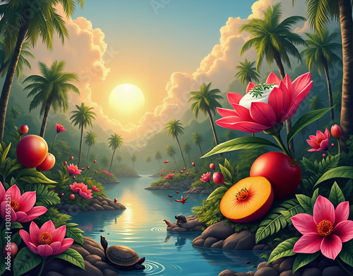 The image is a vibrant digital painting depicting a tropical landscape with palm trees, flowers, a river, and a sunset.