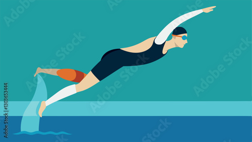 Swimming A swimmer with a modified prosthetic limb diving into the pool showcasing the streamlined design as they through the water.