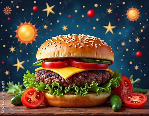 A hamburger with a sesame seed bun, topped with lettuce, tomato, and cheese, is displayed against a starry night sky background.