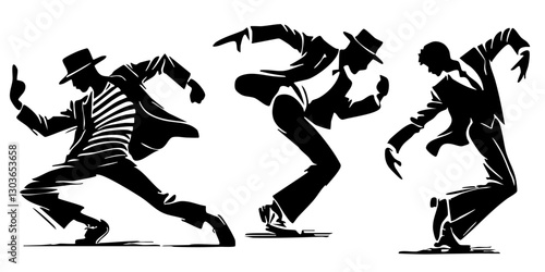 Moonwalk dance silhouette. Black and white dancers set. Dancer sketch vector. Dynamic dancing people poses illustration.