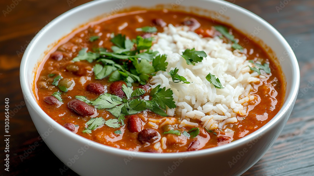 Bowl of red beans and rice garnished with fresh parsley Bowl of red beans and rice garnished with fresh parsley