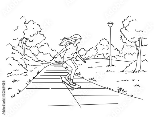 girl skateboarding in park vector illustration, hand drawn scene