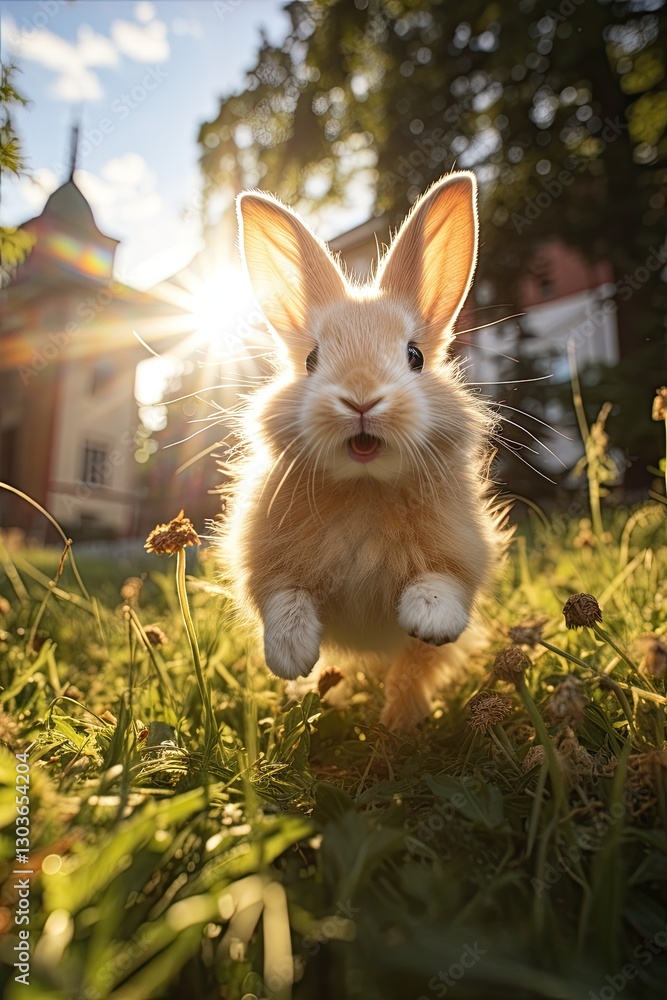 bunny runs along lawn against the backdrop of a sunny lawn, bunny runs along lawn against the backdrop of a sunny lawn,