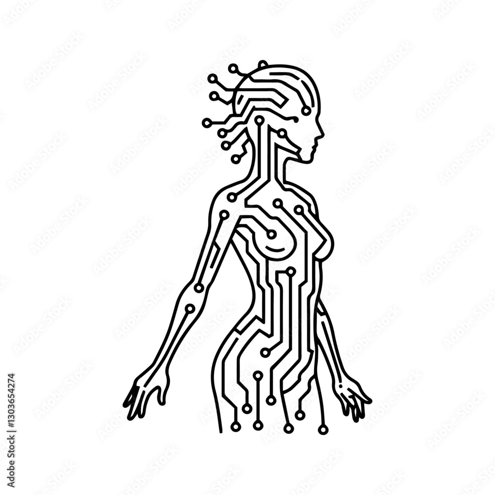 Fototapeta premium woman interconnected printed circuit lines board, vector technology logo