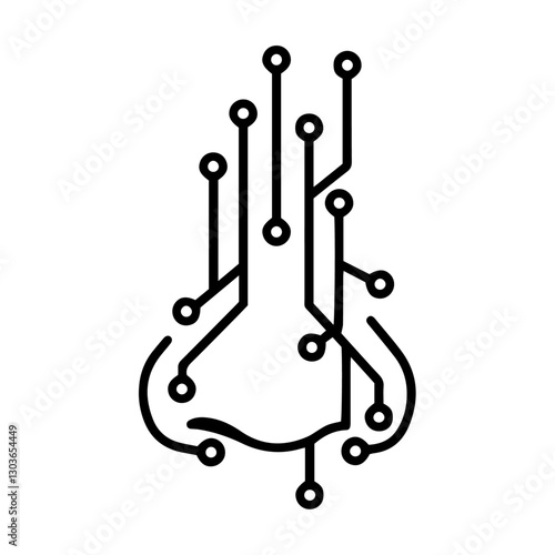 nose interconnected printed circuit lines board, vector technology logo, monochromatic black outline transmission line