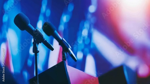 Close-up of microphones on podiums with colorful background lights during a public speaking event