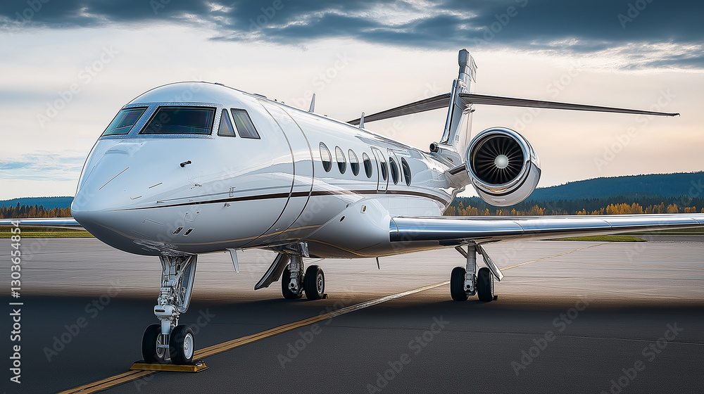 Modern gulfstream g550 private jet parked on tarmac at sunset Modern gulfstream g550 private jet parked on tarmac at sunset