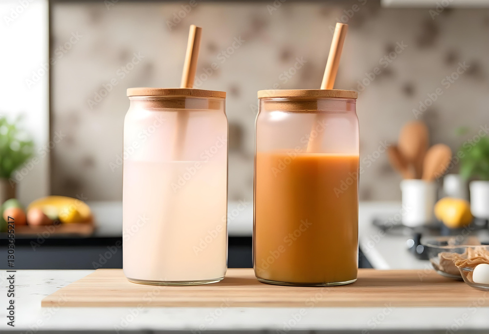 Two mockup glass cups with bamboo lids and straws, mockup cups, jar mockup Two mockup glass cups with bamboo lids and straws, mockup cups, jar mockup