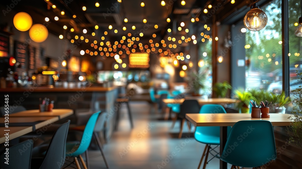 Cozy modern café interior with warm string lights, stylish furniture, and inviting ambiance, perfect for social gatherings, coffee lovers, and relaxing moments, Generative AI Cozy modern café interior with warm string lights, stylish furniture, and inviting ambiance, perfect for social gatherings, coffee lovers, and relaxing moments, Generative AI