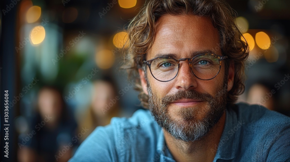 A handsome man wearing glasses smiles in a portrait photograph A handsome man wearing glasses smiles in a portrait photograph