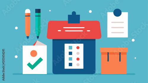 Tactile Voting Aid An illustration of a tactile voting aid resting on a table featuring raised symbols and braille for easy identification surrounded by voting supplies such as