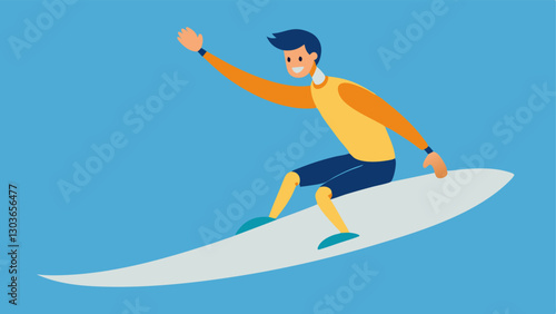 Surfing on a Wave A person riding a surfboard with a prosthetic arm that has an extended grip catching a wave with a big smile.