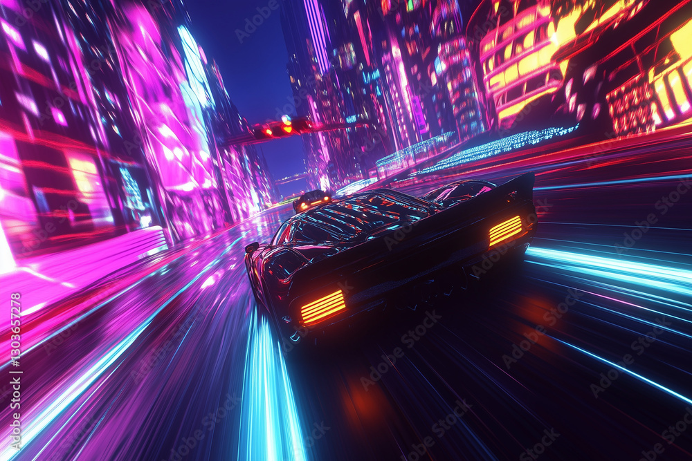 Fototapeta premium Arcade style racing game with neon cityscapes