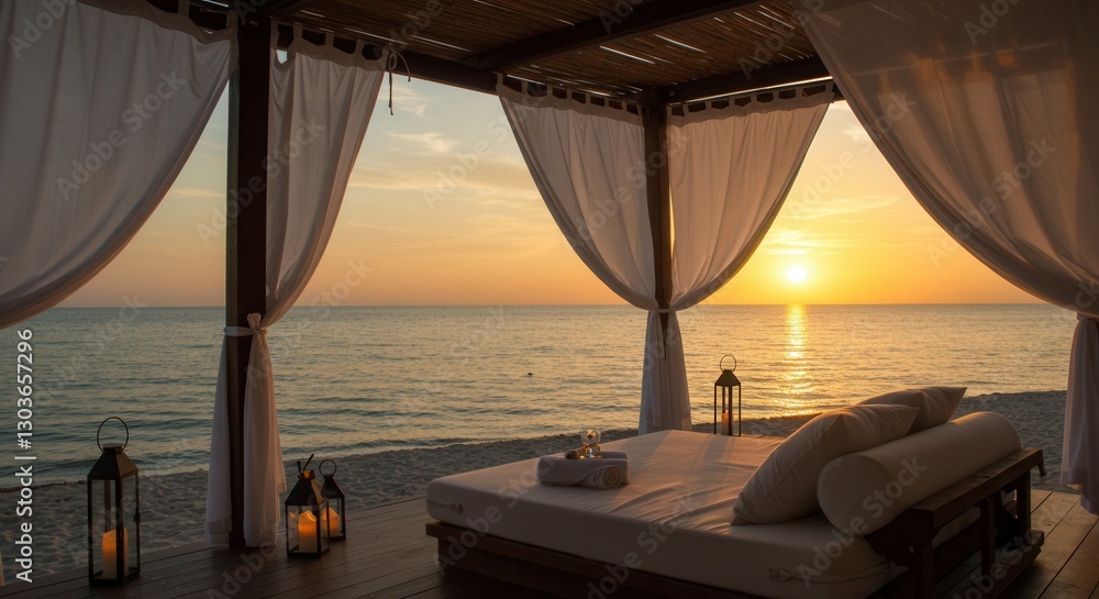 Fototapeta premium Beachfront Cabana at Sunset Offering Luxurious Relaxation and Ocean View