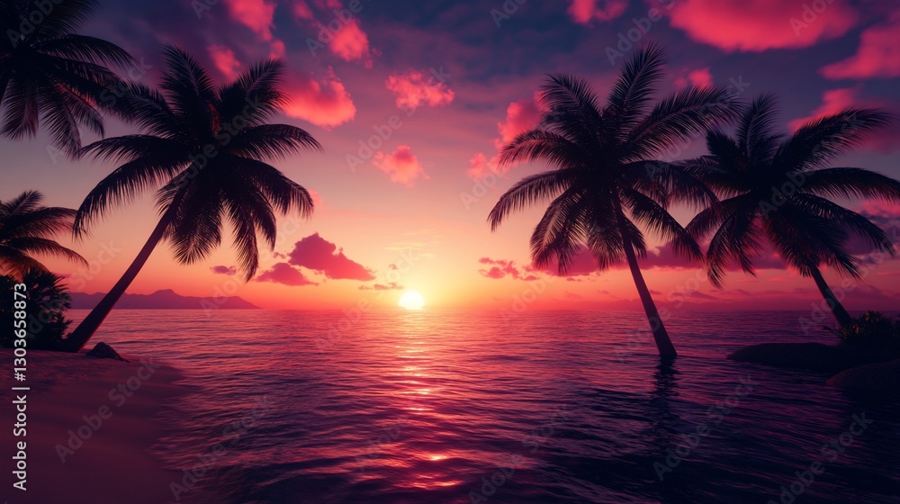 Tropical Sunset Over Calm Ocean With Silhouetted Palm Trees and Vibrant Pink Sky Tropical Sunset Over Calm Ocean With Silhouetted Palm Trees and Vibrant Pink Sky