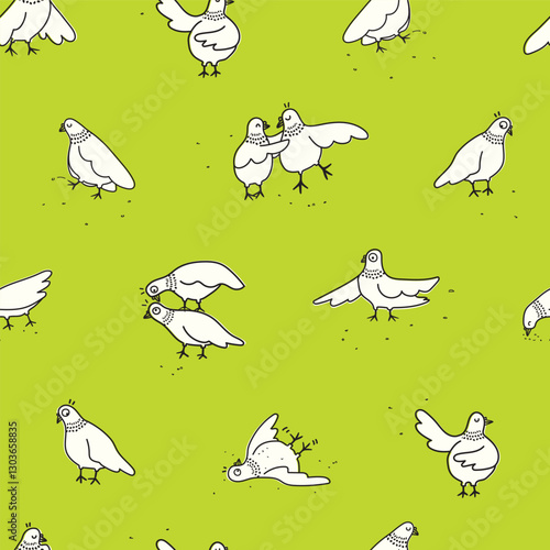 Cartoon vector seamless pattern with pigeons in funny positions. Would look great on wrapping paper, fabric or wallpaper. 