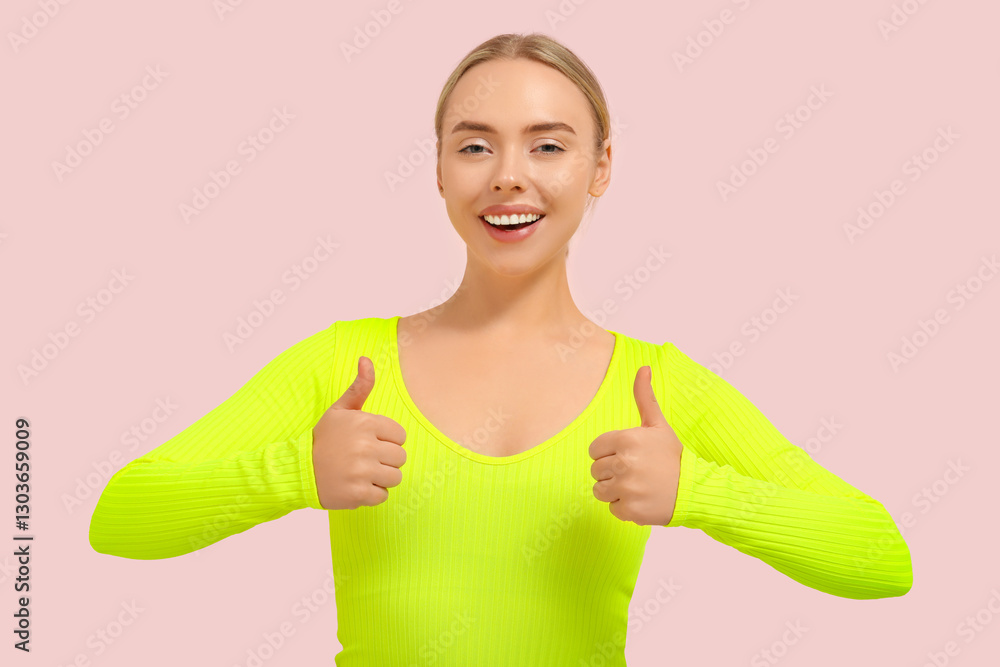 Happy young woman showing thumbs-up on pink background Happy young woman showing thumbs-up on pink background