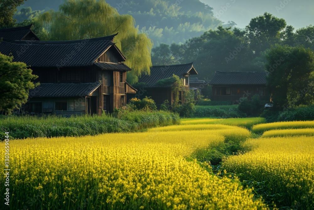 Charming rural village surrounded by lush greenery and vibrant yellow fields, evoking tranquility and natural beauty. Charming rural village surrounded by lush greenery and vibrant yellow fields, evoking tranquility and natural beauty.