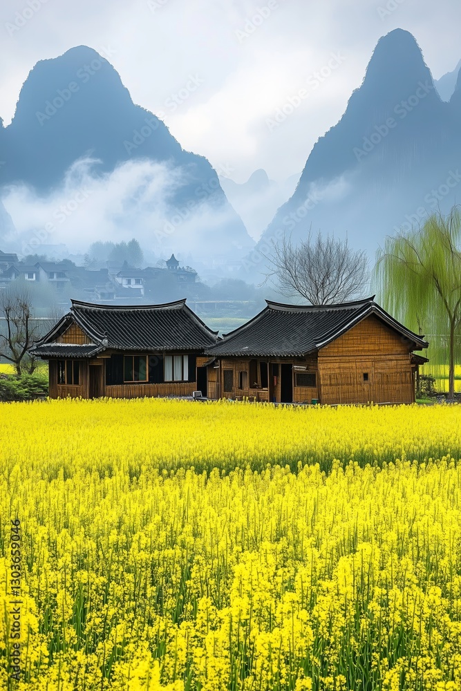 Fototapeta premium A wooden house in a vast field of vibrant yellow flowers with misty mountains in the background, creating a serene scene.