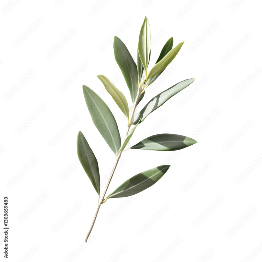 A single olive branch with green leaves symbolizing peace, nature, and Mediterranean culture isolated on white background. A single olive branch with green leaves symbolizing peace, nature, and Mediterranean culture isolated on white background.