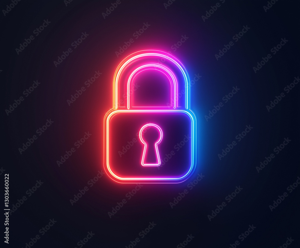 Glowing neon sign of a lock Glowing neon sign of a lock