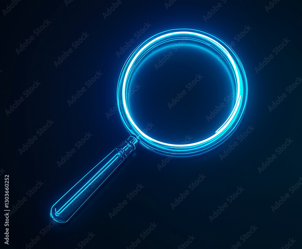 Glowing neon sign of a magnifying glass Glowing neon sign of a magnifying glass