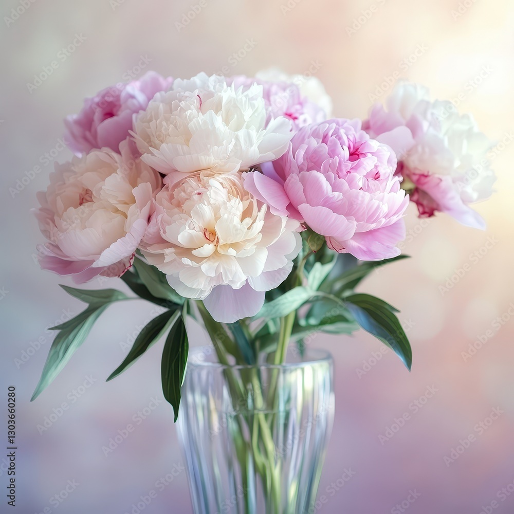 Bouquet of peonies arranged in a clear vase with elegant pastel background Bouquet of peonies arranged in a clear vase with elegant pastel background