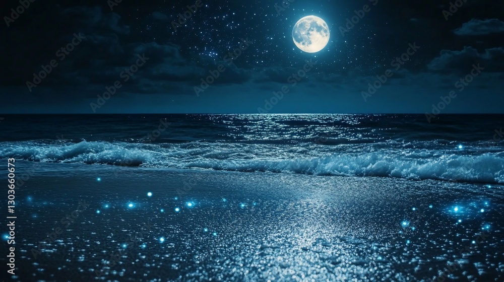 Fototapeta premium A serene night scene featuring a glowing moon over a shimmering ocean.