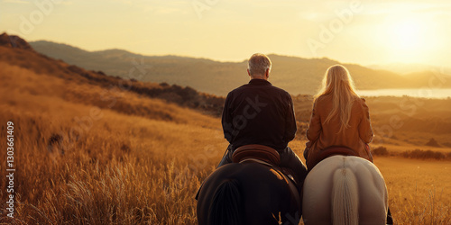 Golden years and freedom, mature couple riding horses and admiring the view of the mountains and river valley, copy space concepts of active retirement and full active old age