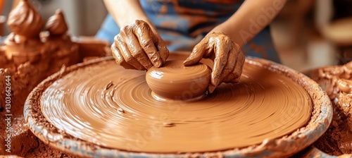 Potter s Hands Molding Clay Craftsmanship on a Spinning Wheel in a Pottery Creative Workshop photo