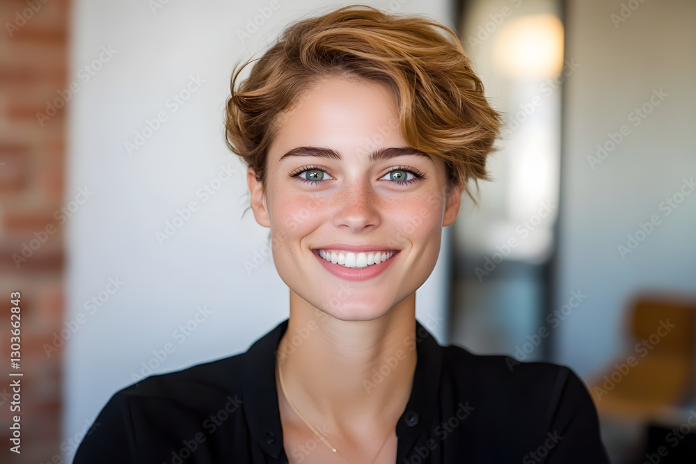 A woman with a short haircut and a necklace A woman with a short haircut and a necklace