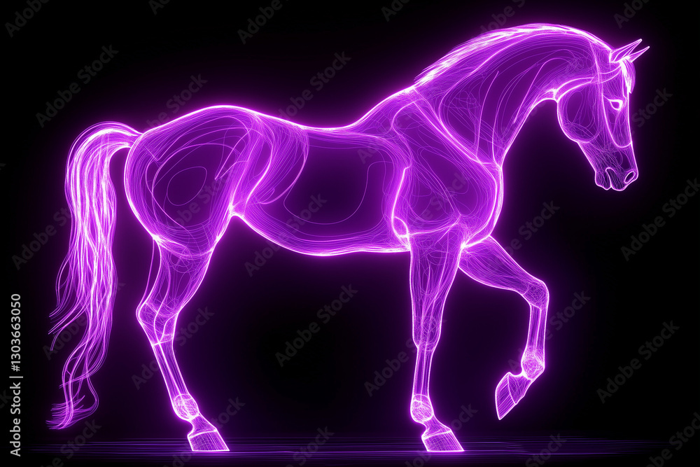 Glowing outline horse, a minimalist horse shape created with a soft neon glow, isolated on a solid background Glowing outline horse, a minimalist horse shape created with a soft neon glow, isolated on a solid background