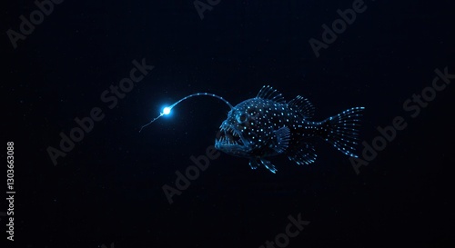 Anglerfish Swimming in Dark Deep Sea with Bioluminescent Light
