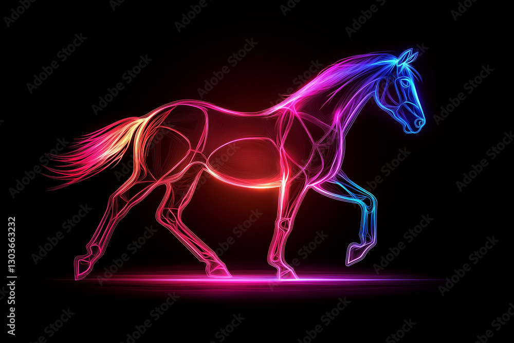 Glowing outline horse, a minimalist horse shape created with a soft neon glow, isolated on a solid background Glowing outline horse, a minimalist horse shape created with a soft neon glow, isolated on a solid background