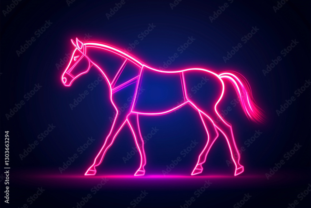 Glowing outline horse, a minimalist horse shape created with a soft neon glow, isolated on a solid background Glowing outline horse, a minimalist horse shape created with a soft neon glow, isolated on a solid background