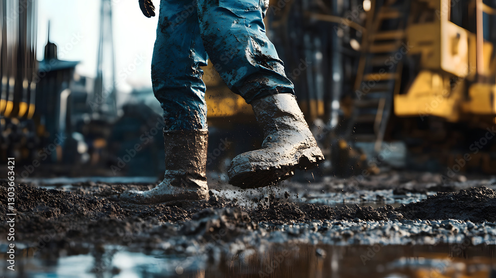 A worker walks through a muddy area at a construction site, showcasing heavy-duty boots. A worker walks through a muddy area at a construction site, showcasing heavy-duty boots.