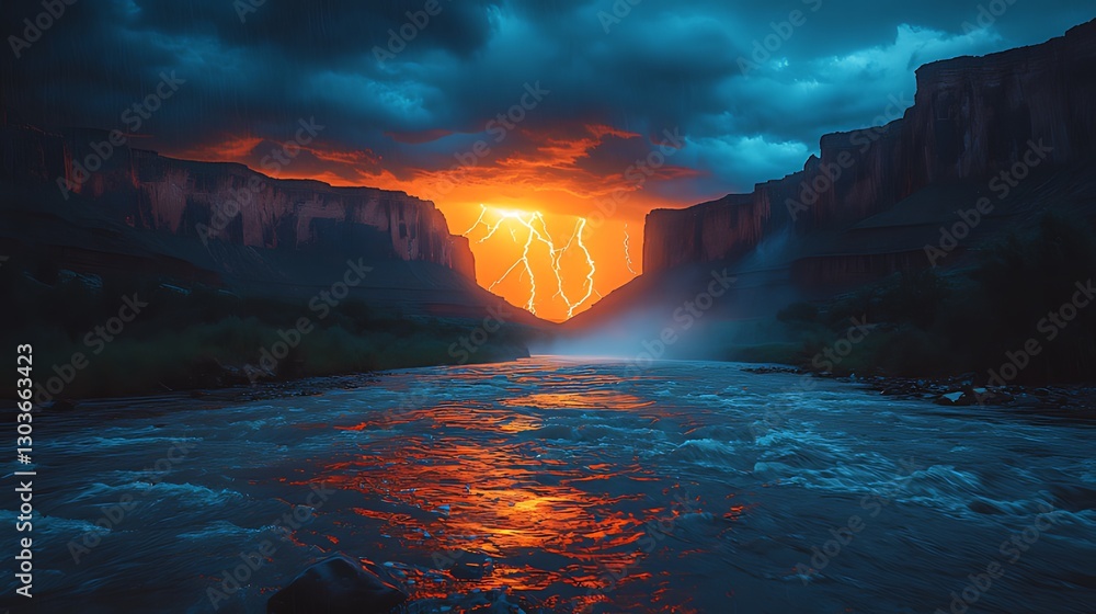 Fototapeta premium Canyon river sunset lightning storm landscape