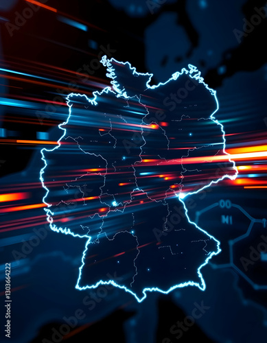 Glowing Map Silhouette with Tech Data Stream Overlay on Dark Background