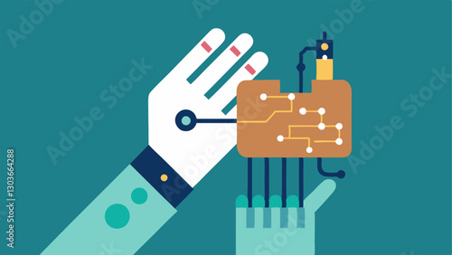 Tech Repairs A bionic hand meticulously fixing a small circuit board using tiny tools to precisely solder connections illustrating its fine motor skills.