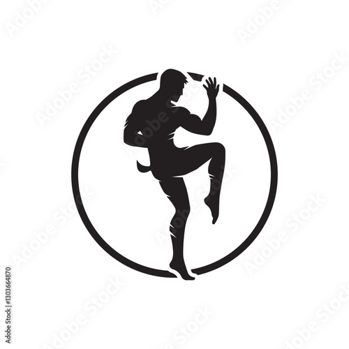 Silhouette of a Martial Artist in Dynamic Action Pose Inside a Circle