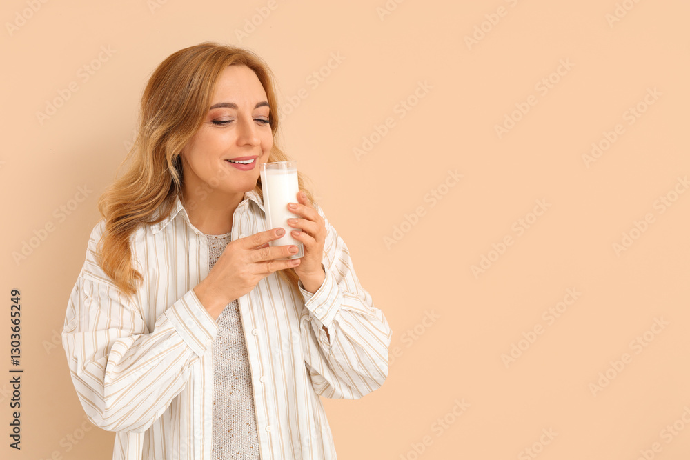 Mature woman with glass of milk on beige background Mature woman with glass of milk on beige background